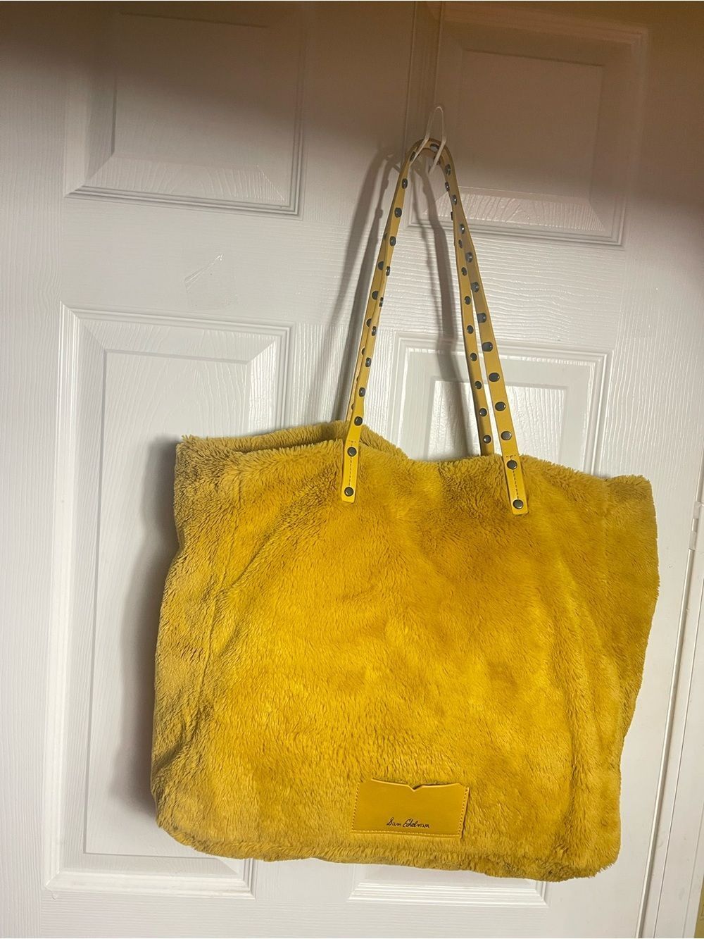 Sam Edelman Mustard Yellow Faux Fur Tote Bag with Studded Straps .